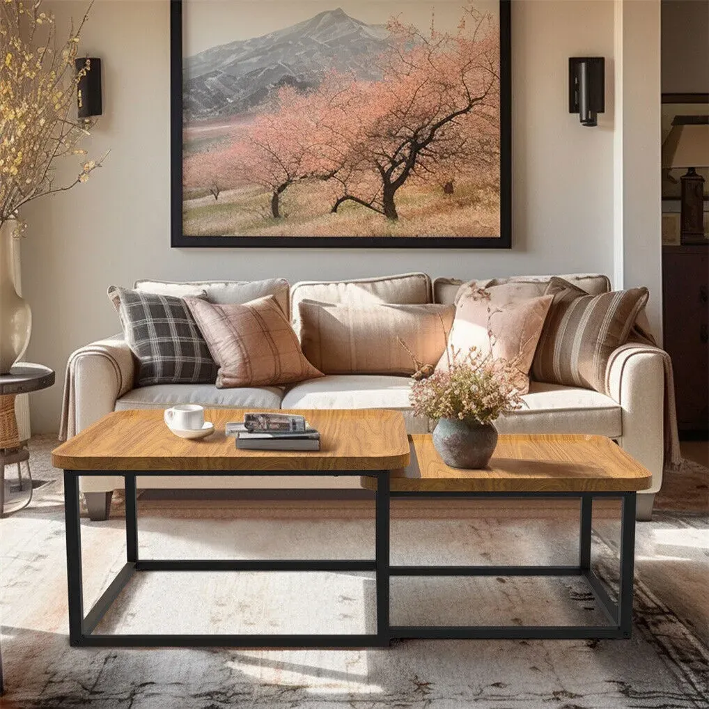 Set of 2 Nesting Coffee Tables in Walnut Wood & Black - Modern Industrial Design view 3
