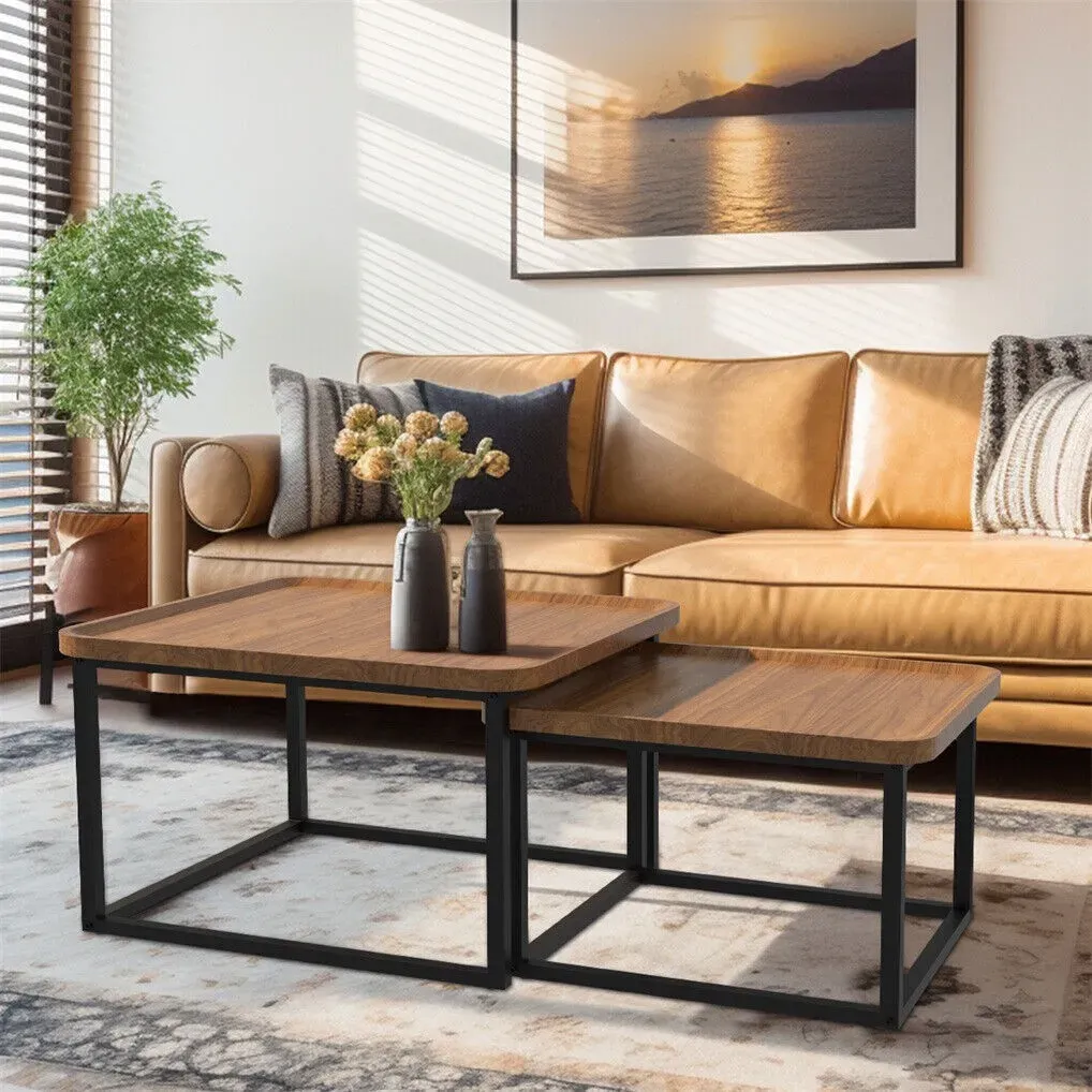 Set of 2 Nesting Coffee Tables in Walnut Wood & Black - Modern Industrial Design view 4