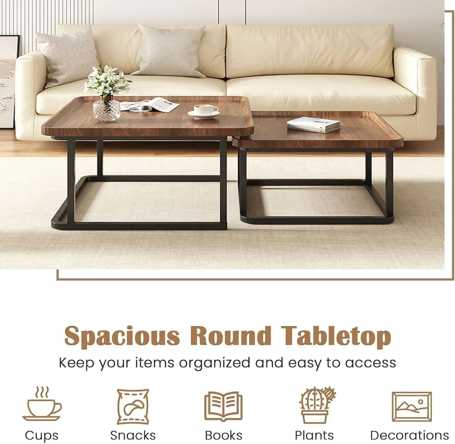 Set of 2 Nesting Coffee Tables in Walnut Wood & Black - Modern Industrial Design view 8