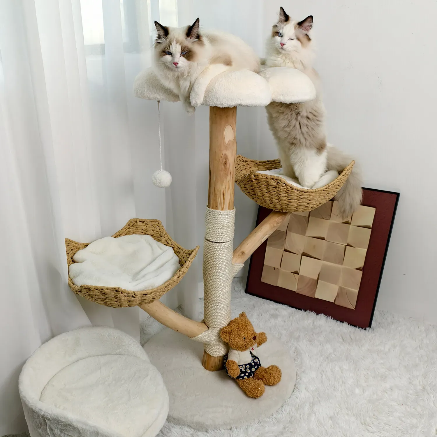 Real Wood Cat Tree Tower in Natural Wood for Indoor Cats Up to 10KG, 60x111cm view 4