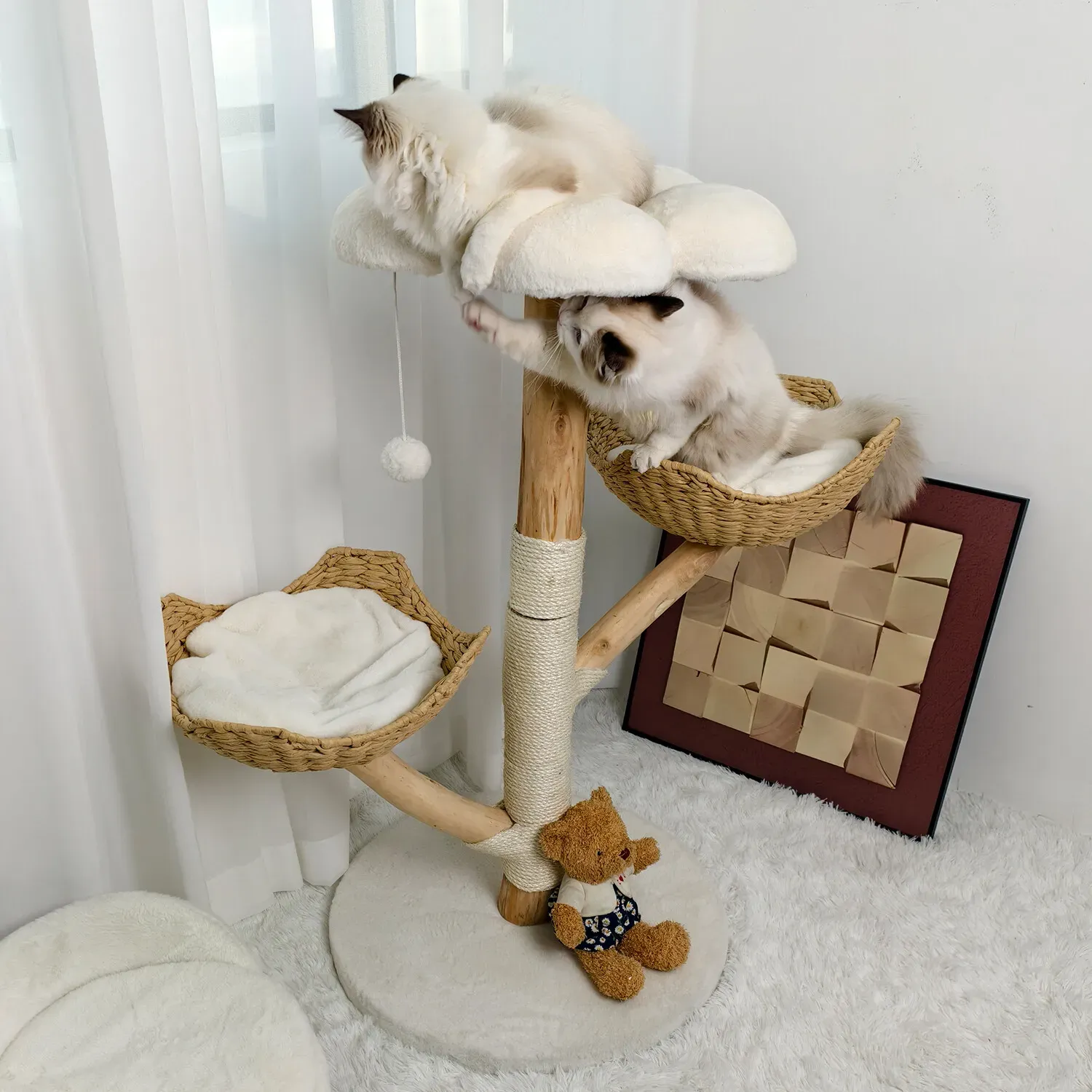 Real Wood Cat Tree Tower in Natural Wood for Indoor Cats Up to 10KG, 60x111cm view 5