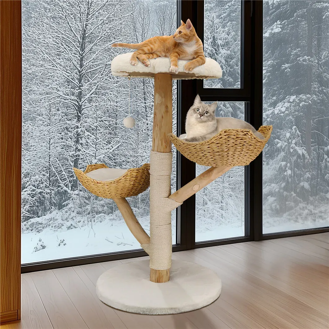 Real Wood Cat Tree Tower in Natural Wood for Indoor Cats Up to 10KG, 60x111cm view 6