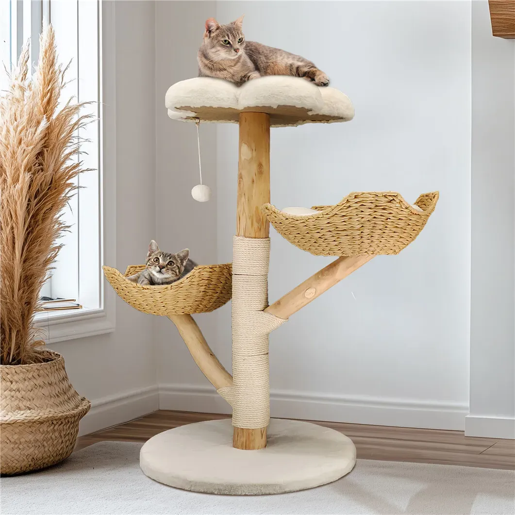 Real Wood Cat Tree Tower in Natural Wood for Indoor Cats Up to 10KG, 60x111cm view 8
