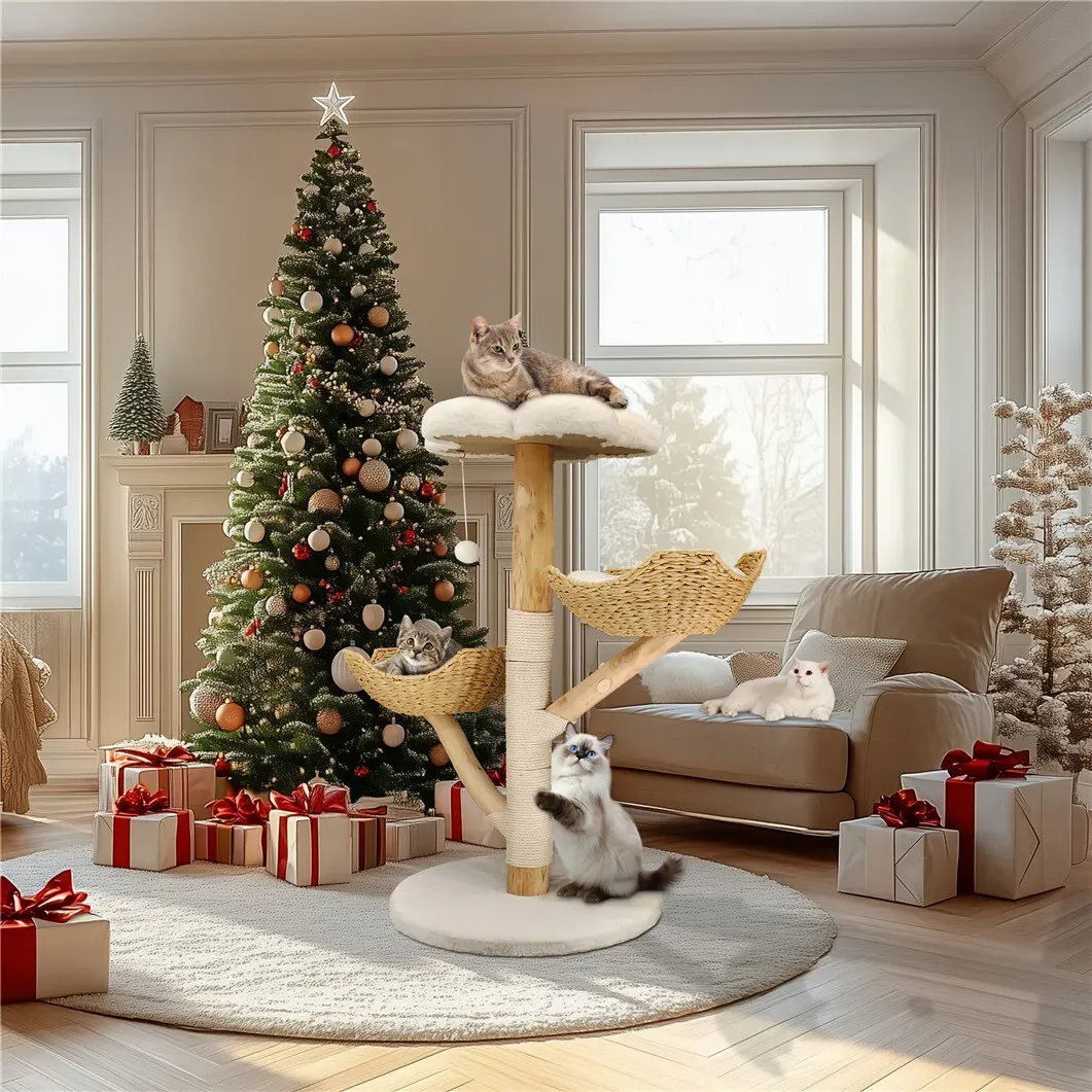Real Wood Cat Tree Tower in Natural Wood for Indoor Cats Up to 10KG, 60x111cm view 10