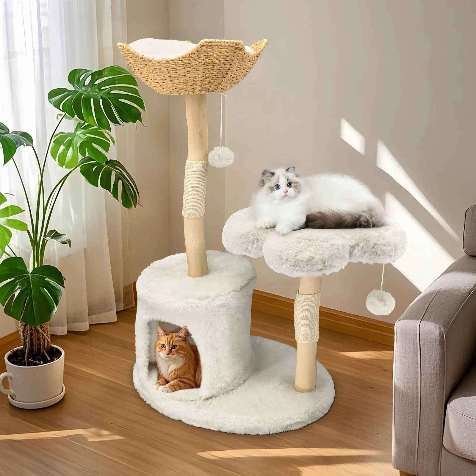 Large Black Real Branch Cat Tree Tower with Plush Condo and Scratching Posts view 3