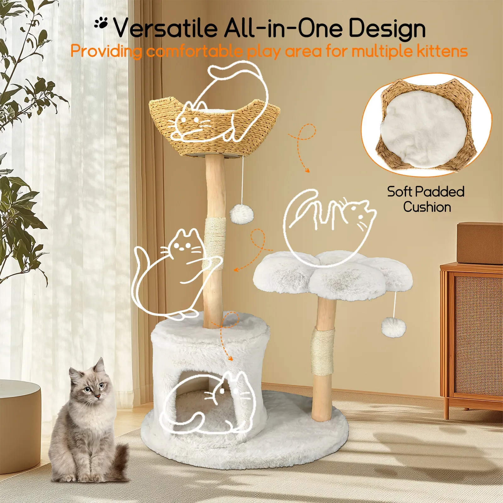 Large Black Real Branch Cat Tree Tower with Plush Condo and Scratching Posts view 7