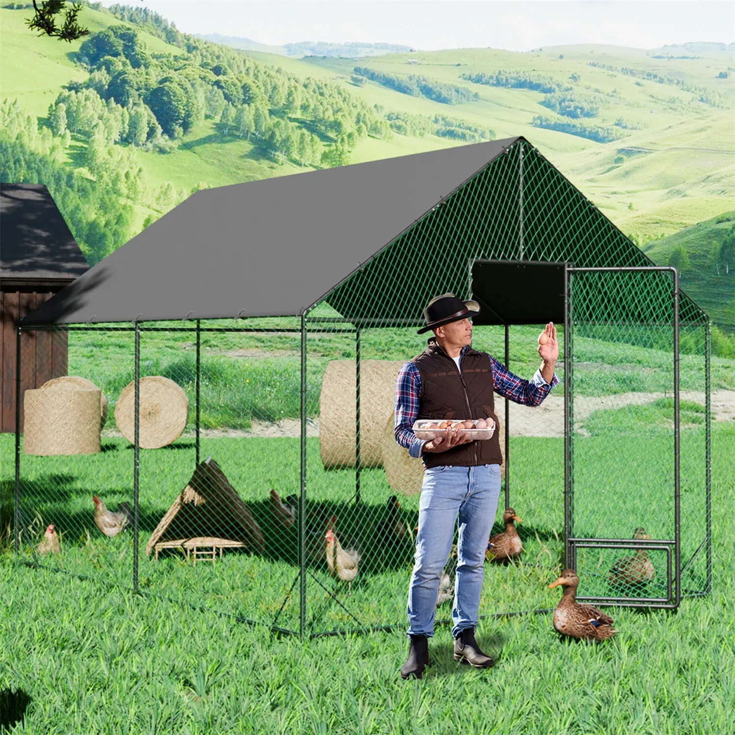 Heavy Duty XL Metal Walk-In Chicken Run with Cover, 276x405x300cm, Black view 7