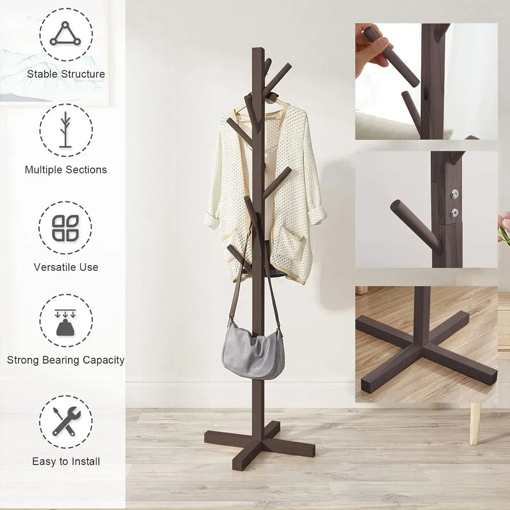 Brown Solid Wood Coat Rack Stand for Entryway - Sturdy Hat and Clothes Hanger view 2