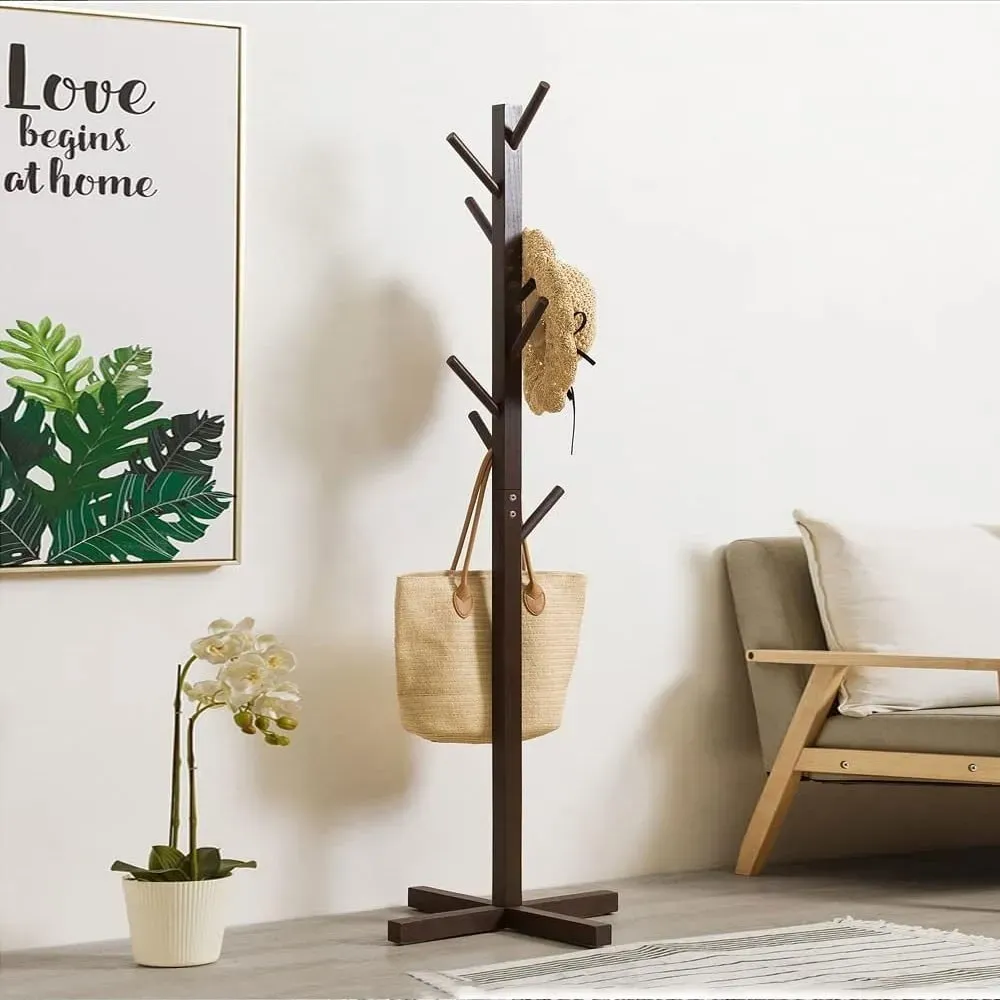 Brown Solid Wood Coat Rack Stand for Entryway - Sturdy Hat and Clothes Hanger view 3