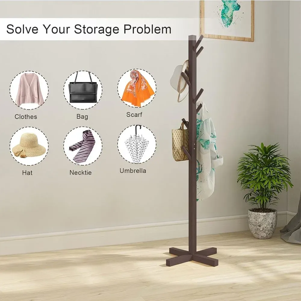 Brown Solid Wood Coat Rack Stand for Entryway - Sturdy Hat and Clothes Hanger view 7