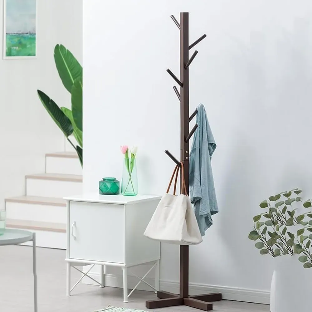 Brown Solid Wood Coat Rack Stand for Entryway - Sturdy Hat and Clothes Hanger view 8