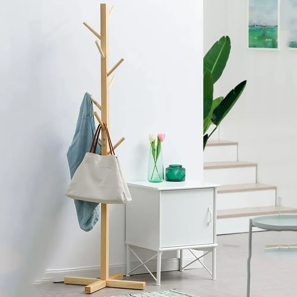 Solid Wood Coat Rack Stand in Natural Finish for Entryway, 80x180cm view 6