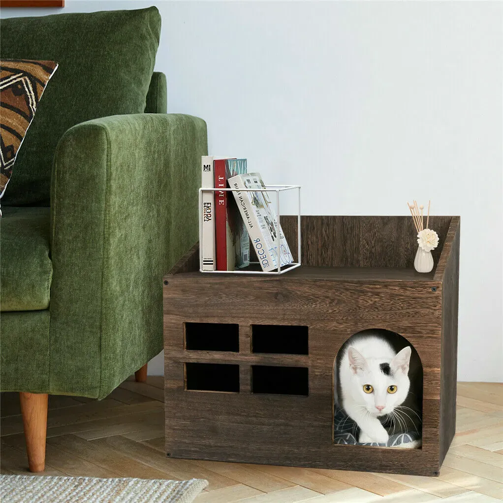 Large Solid Wooden Cat House in Deep Brown with Soft Cushion, 47.3x35x42cm view 2