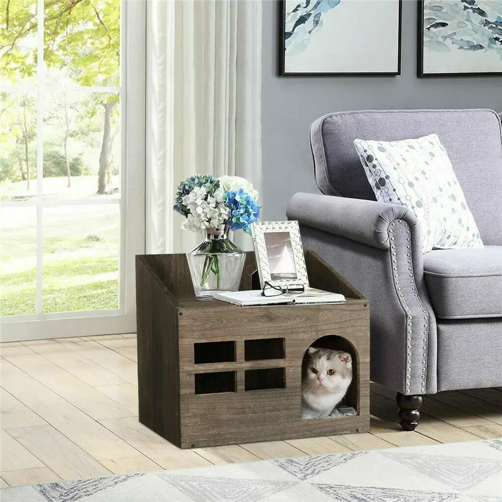 Large Solid Wooden Cat House in Deep Brown with Soft Cushion, 47.3x35x42cm view 3