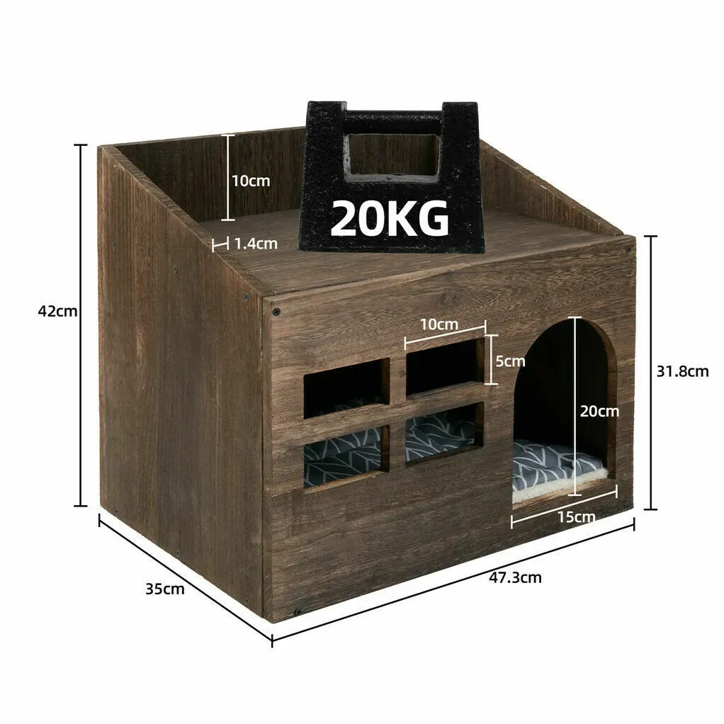 Large Solid Wooden Cat House in Deep Brown with Soft Cushion, 47.3x35x42cm view 4