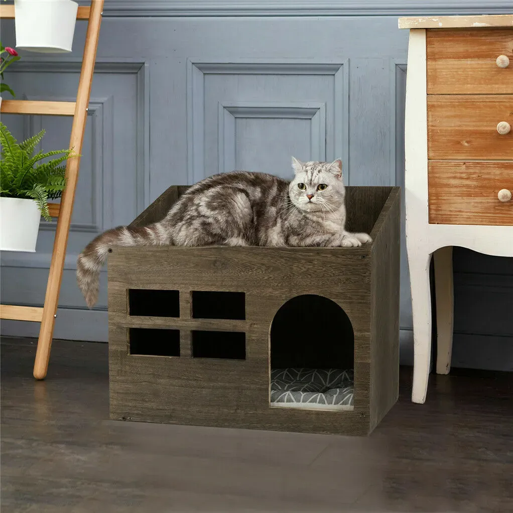 Large Solid Wooden Cat House in Deep Brown with Soft Cushion, 47.3x35x42cm view 5