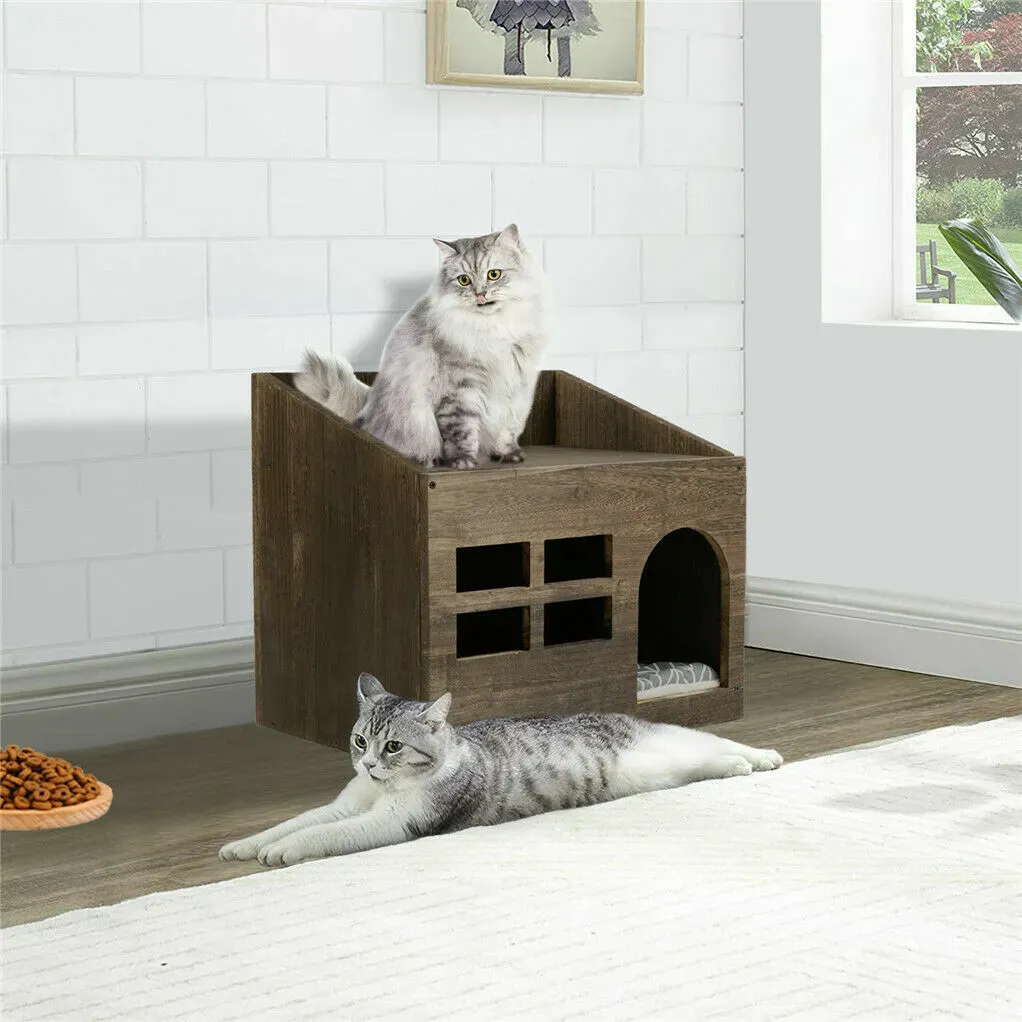 Large Solid Wooden Cat House in Deep Brown with Soft Cushion, 47.3x35x42cm view 6