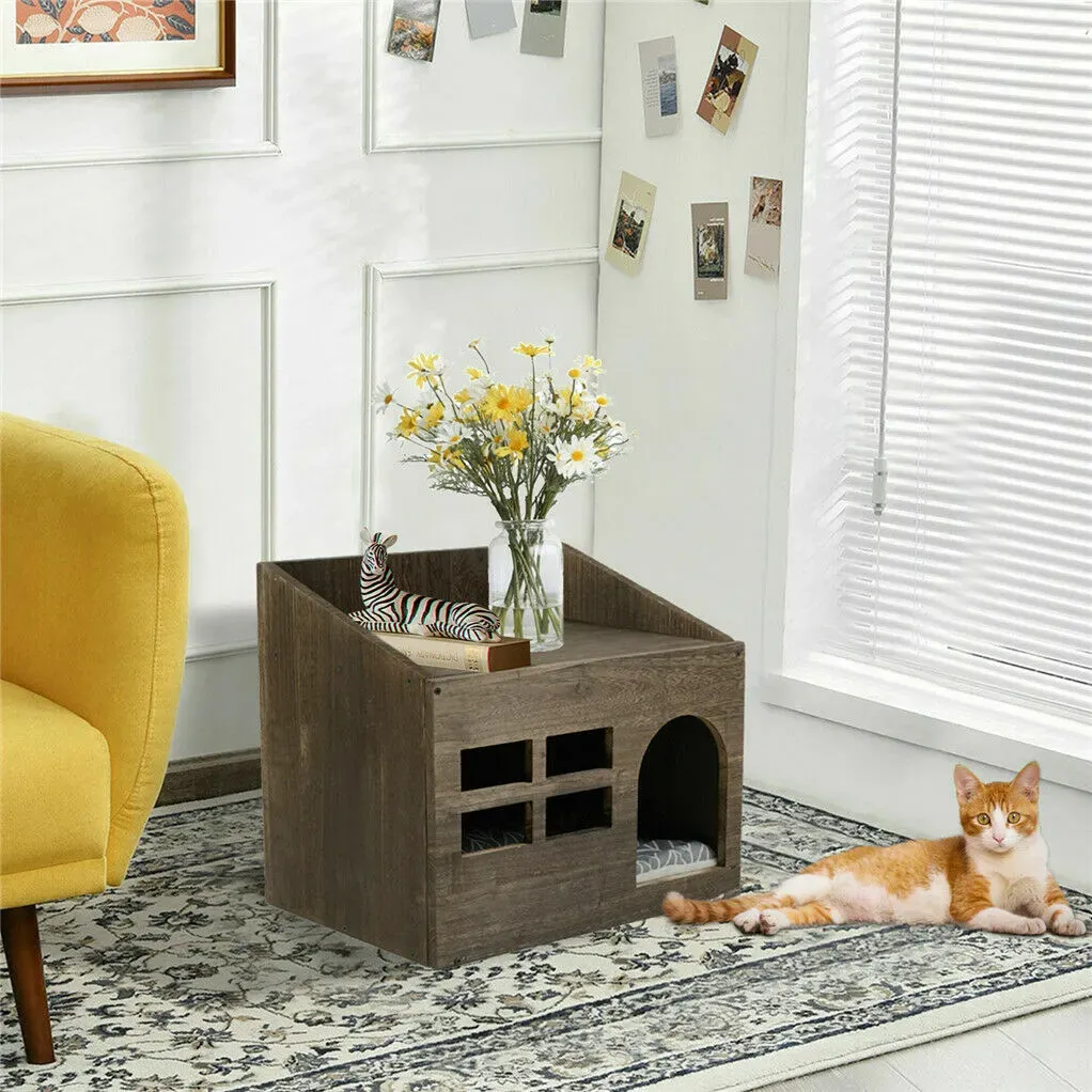 Large Solid Wooden Cat House in Deep Brown with Soft Cushion, 47.3x35x42cm view 7