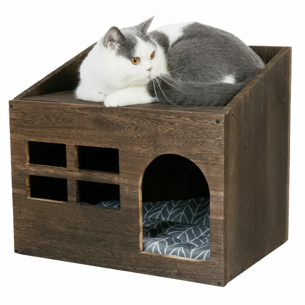 Large Solid Wooden Cat House in Deep Brown with Soft Cushion, 47.3x35x42cm view 8