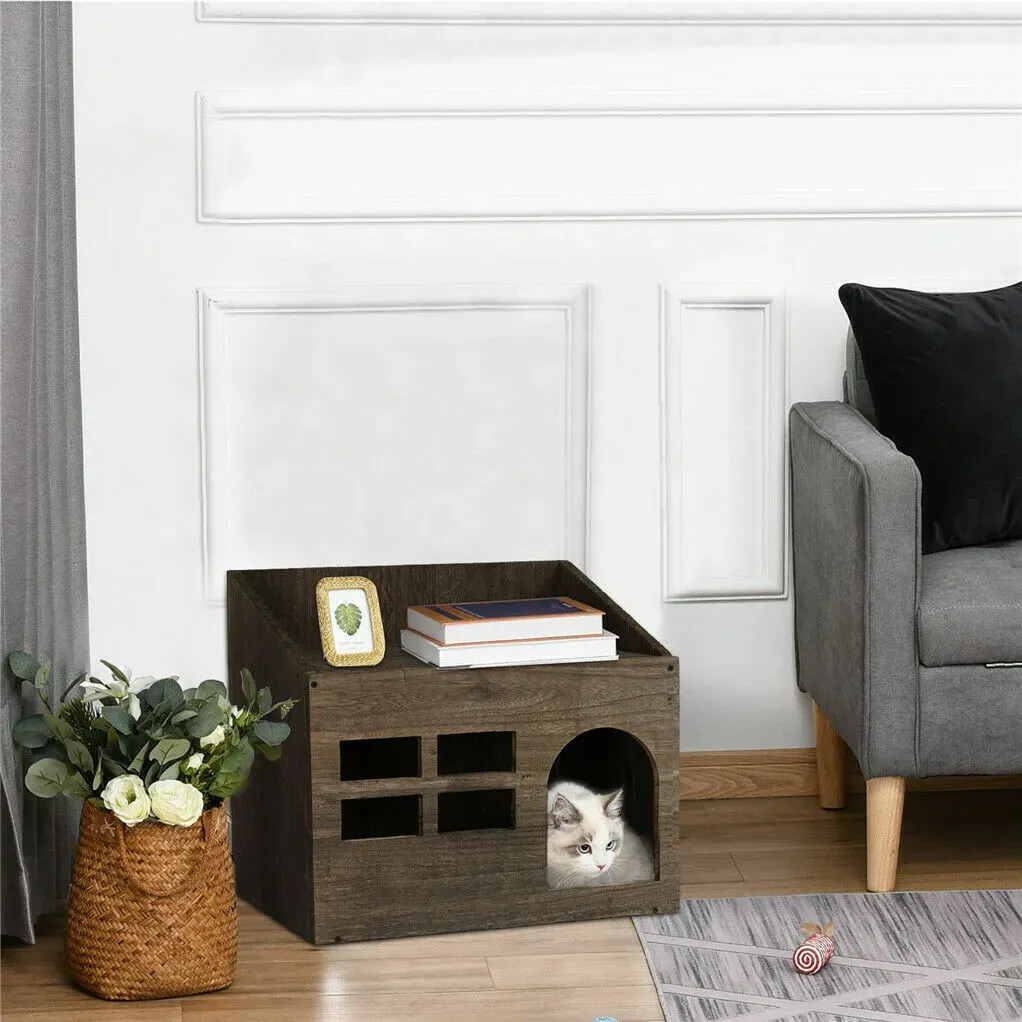 Large Solid Wooden Cat House in Deep Brown with Soft Cushion, 47.3x35x42cm view 9
