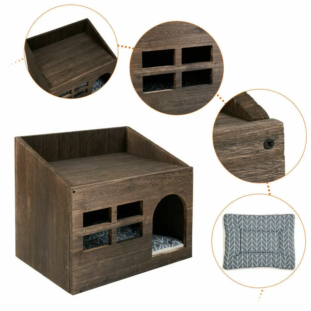 Large Solid Wooden Cat House in Deep Brown with Soft Cushion, 47.3x35x42cm view 10