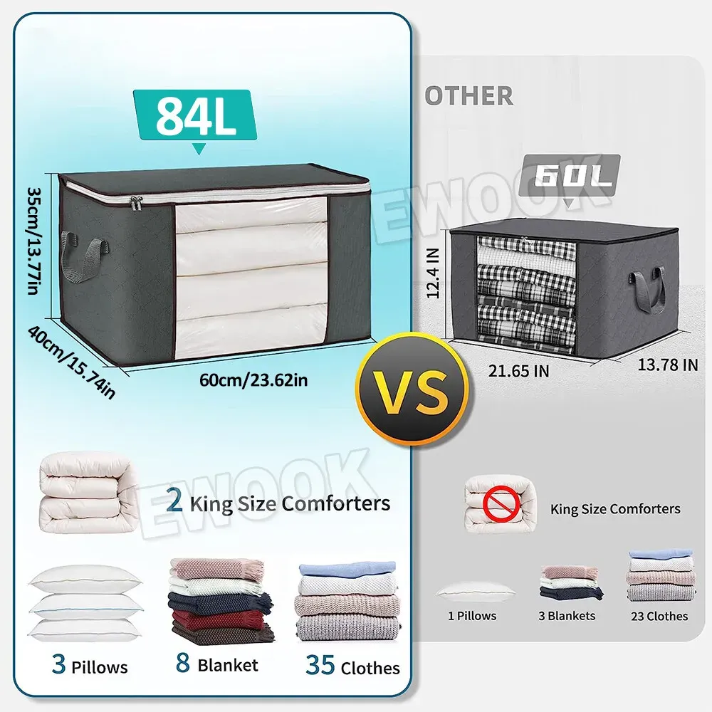 Large Grey Quilt Storage Bags 60x40x35cm - 2-Pack Non-Woven Fabric Organiser view 6
