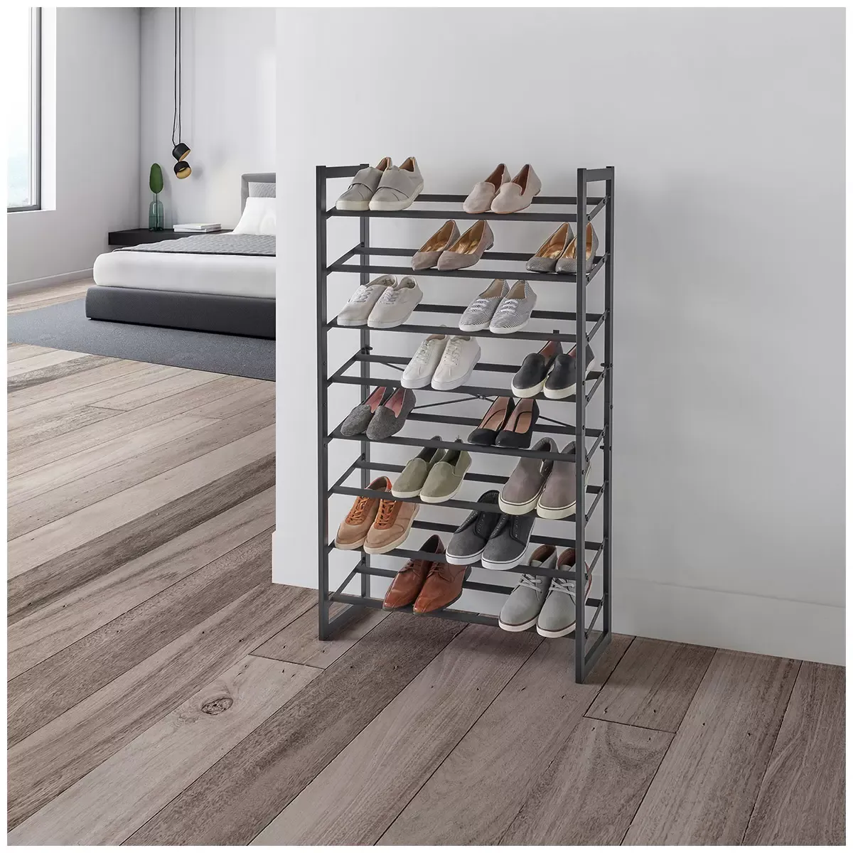 Set of 2 Black Matte Stackable Shoe Rack, 8-Tier Vertical Tower, Grey view 9