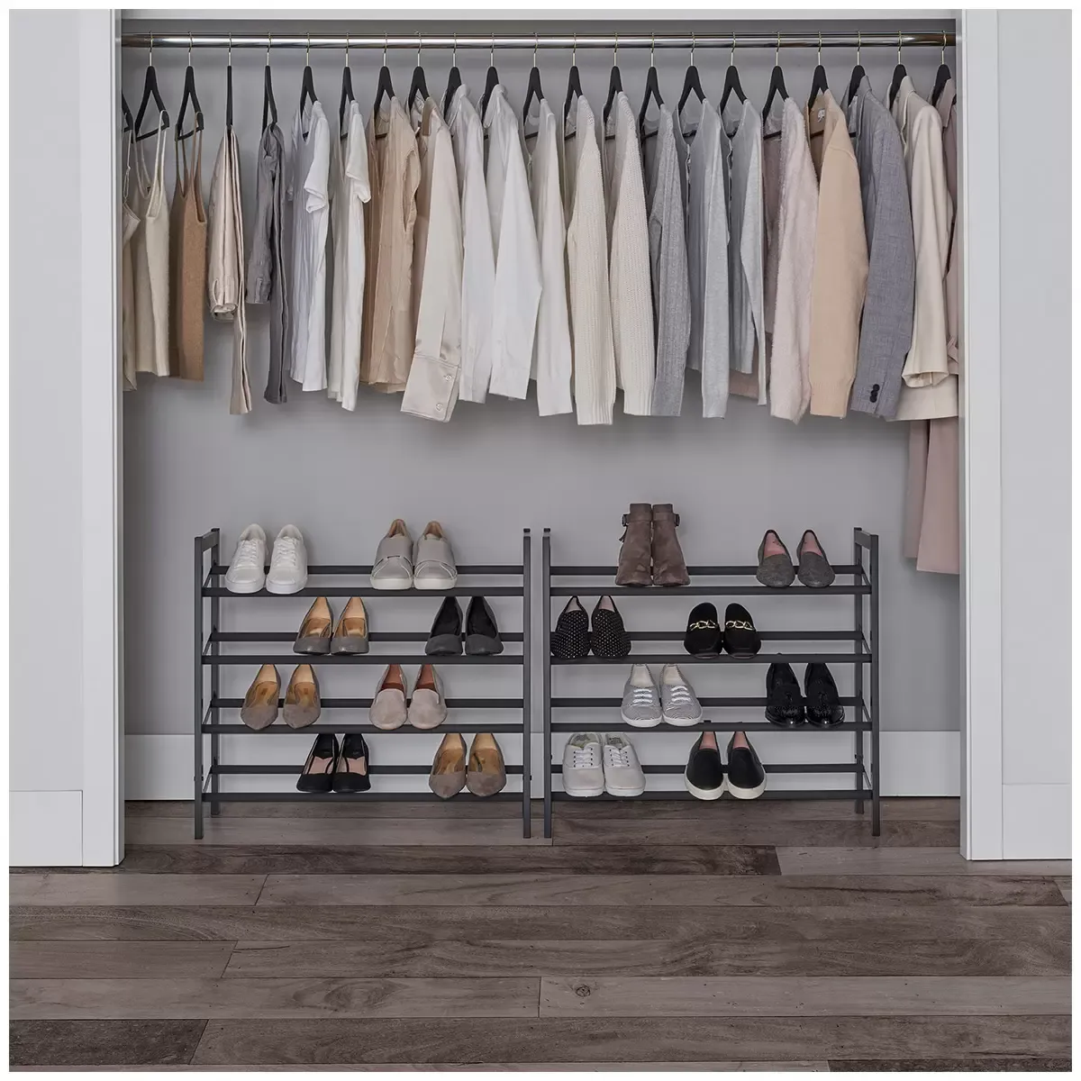 Set of 2 Black Matte Stackable Shoe Rack, 8-Tier Vertical Tower, Grey view 10