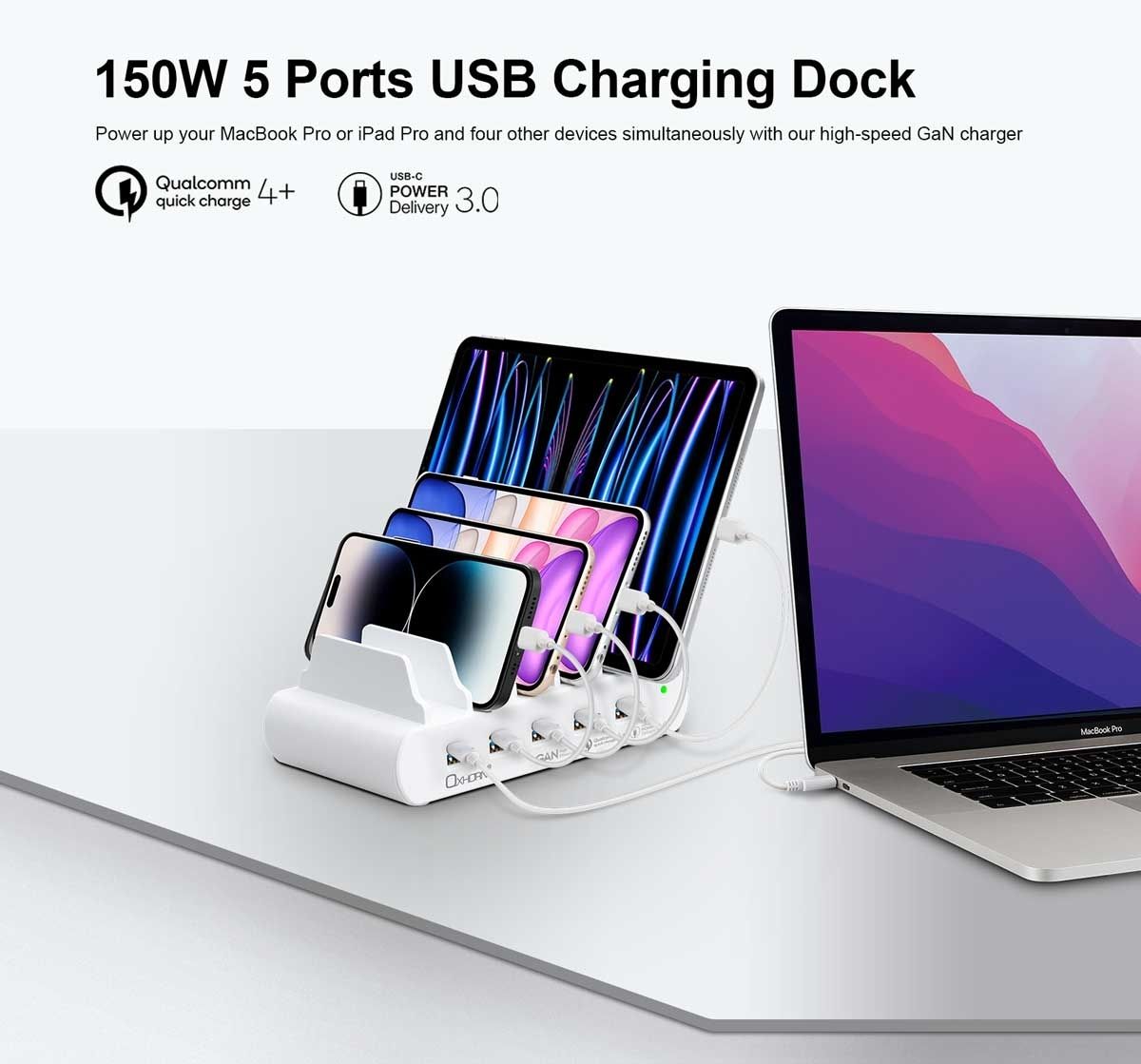 OXHORN NB-PD150D PD 150W 5-Port (5A+5C) Charging Dock with build-in rack view 2