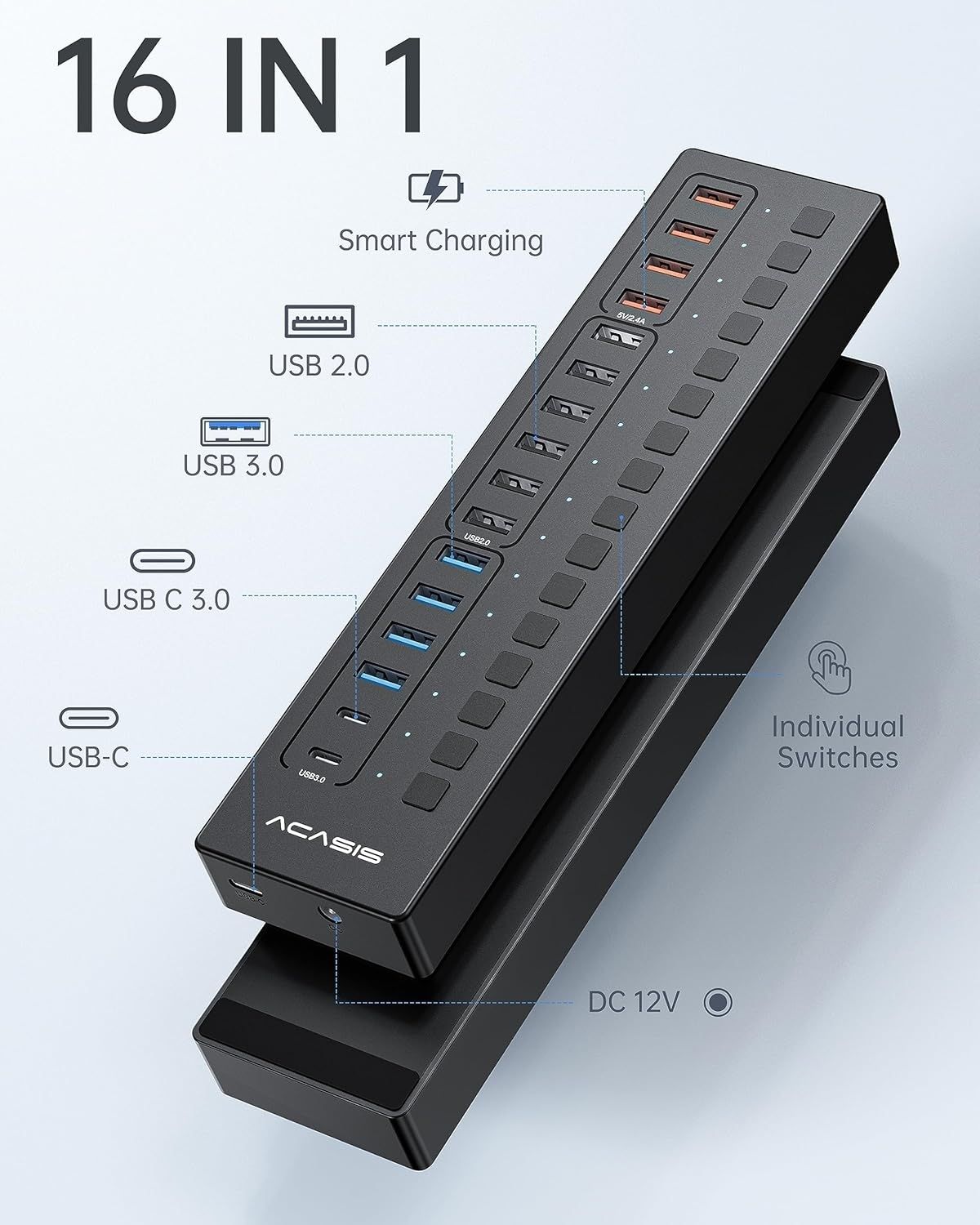 ACASIS DS-516PB 16-Port USB 3.2 Gen1 5Gbps 60W + On-Off Switch 4xUSB3.2 - 5Gbps