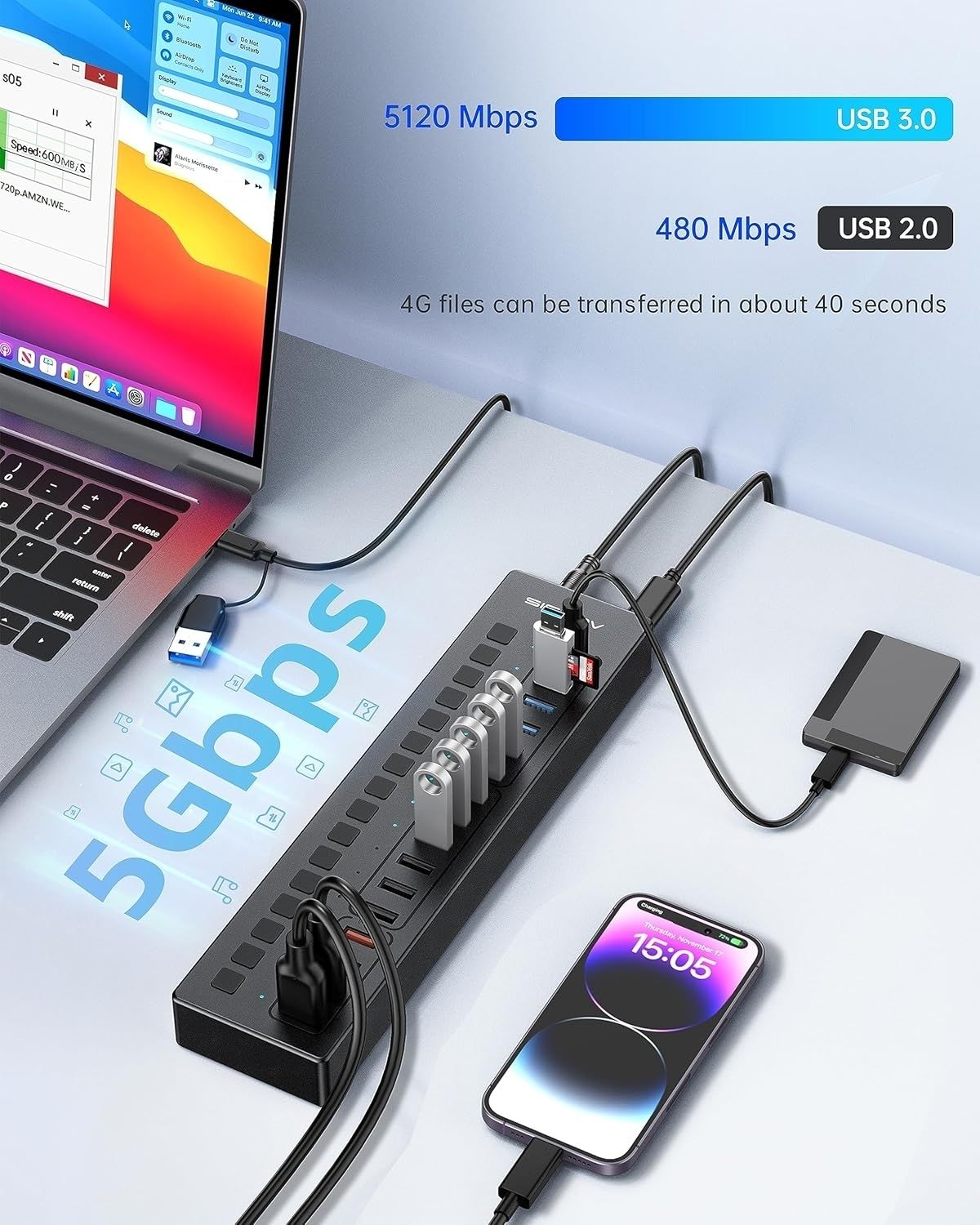 ACASIS DS-516PB 16-Port USB 3.2 Gen1 5Gbps 60W + On-Off Switch 4xUSB3.2 - 5Gbps view 3
