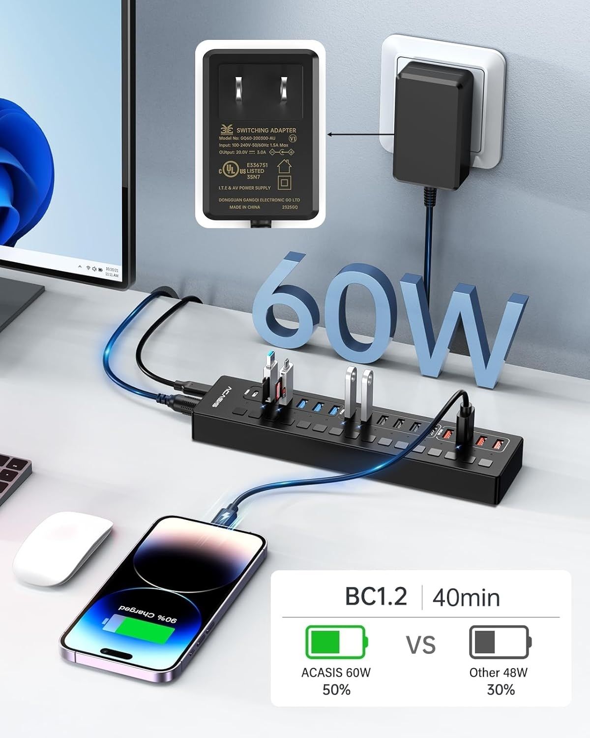 ACASIS DS-516PB 16-Port USB 3.2 Gen1 5Gbps 60W + On-Off Switch 4xUSB3.2 - 5Gbps view 4