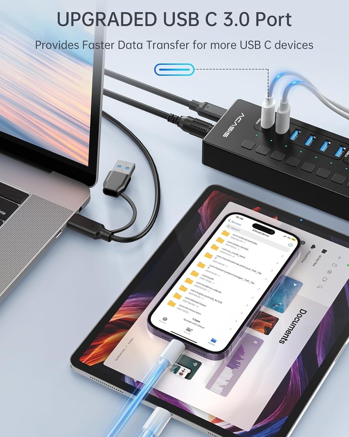 ACASIS DS-516PB 16-Port USB 3.2 Gen1 5Gbps 60W + On-Off Switch 4xUSB3.2 - 5Gbps view 5
