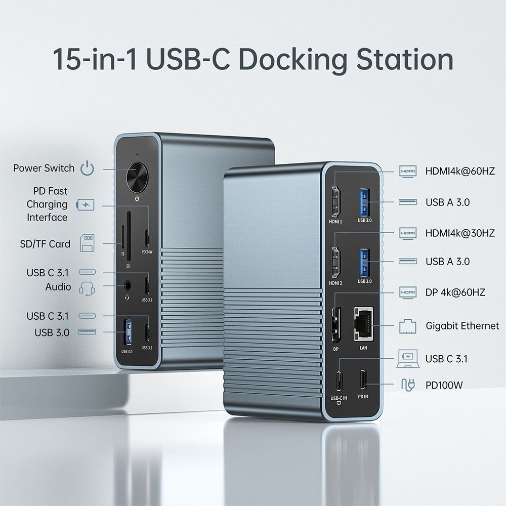 ACASIS DS-7A15 15-in-1 USB-C Dock Triple 4K HDMI DP 10Gbps PD Docking Station view 2