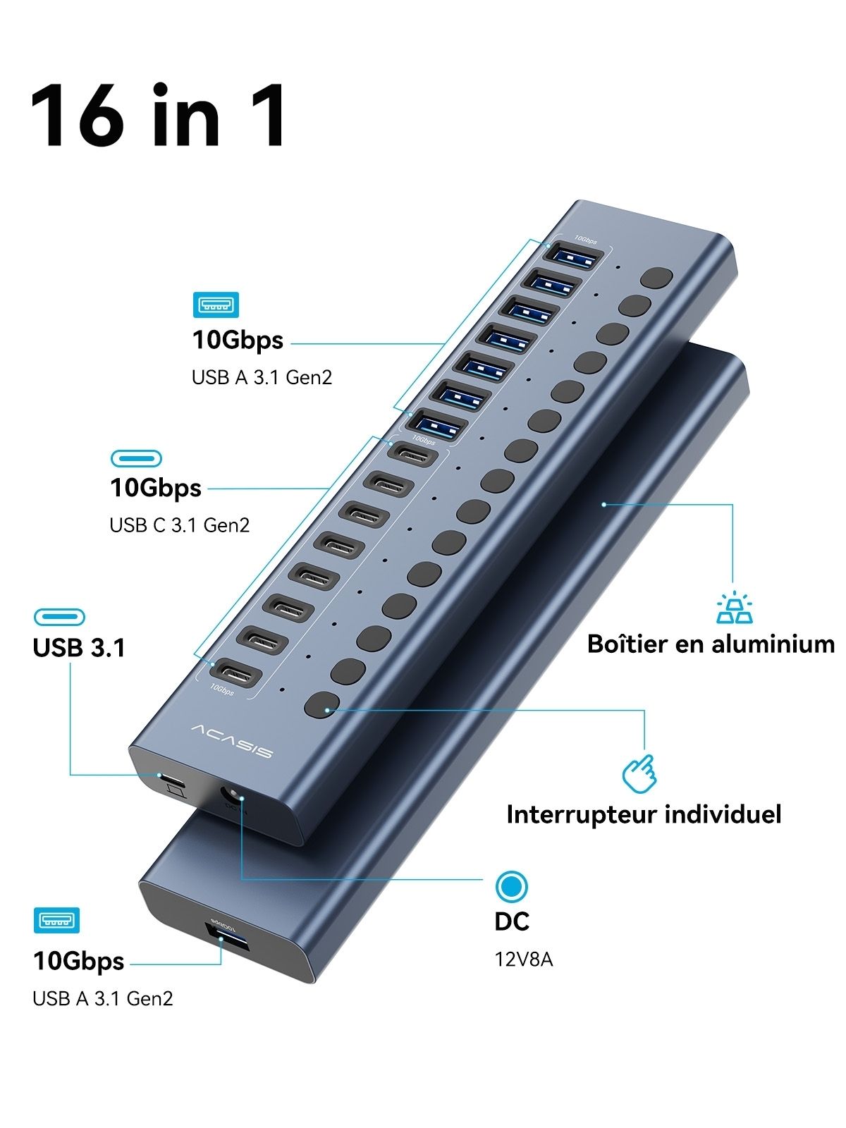 ACASIS HB16PRO 16-Port USB 3.2 10Gbps 12V/8A Powered 8 x USB-A + 8 x USB-C