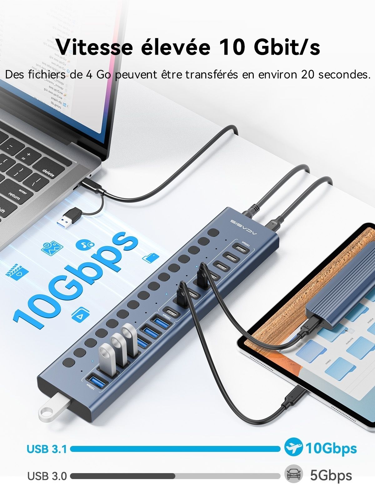 ACASIS HB16PRO 16-Port USB 3.2 10Gbps 12V/8A Powered 8 x USB-A + 8 x USB-C view 2