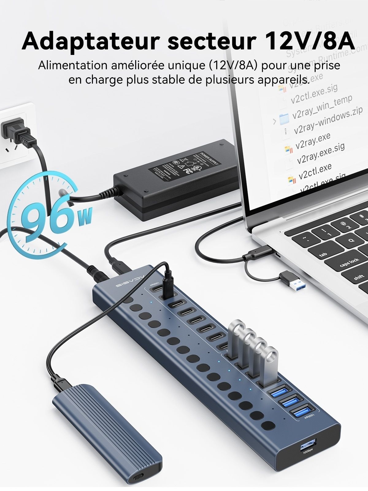 ACASIS HB16PRO 16-Port USB 3.2 10Gbps 12V/8A Powered 8 x USB-A + 8 x USB-C view 3