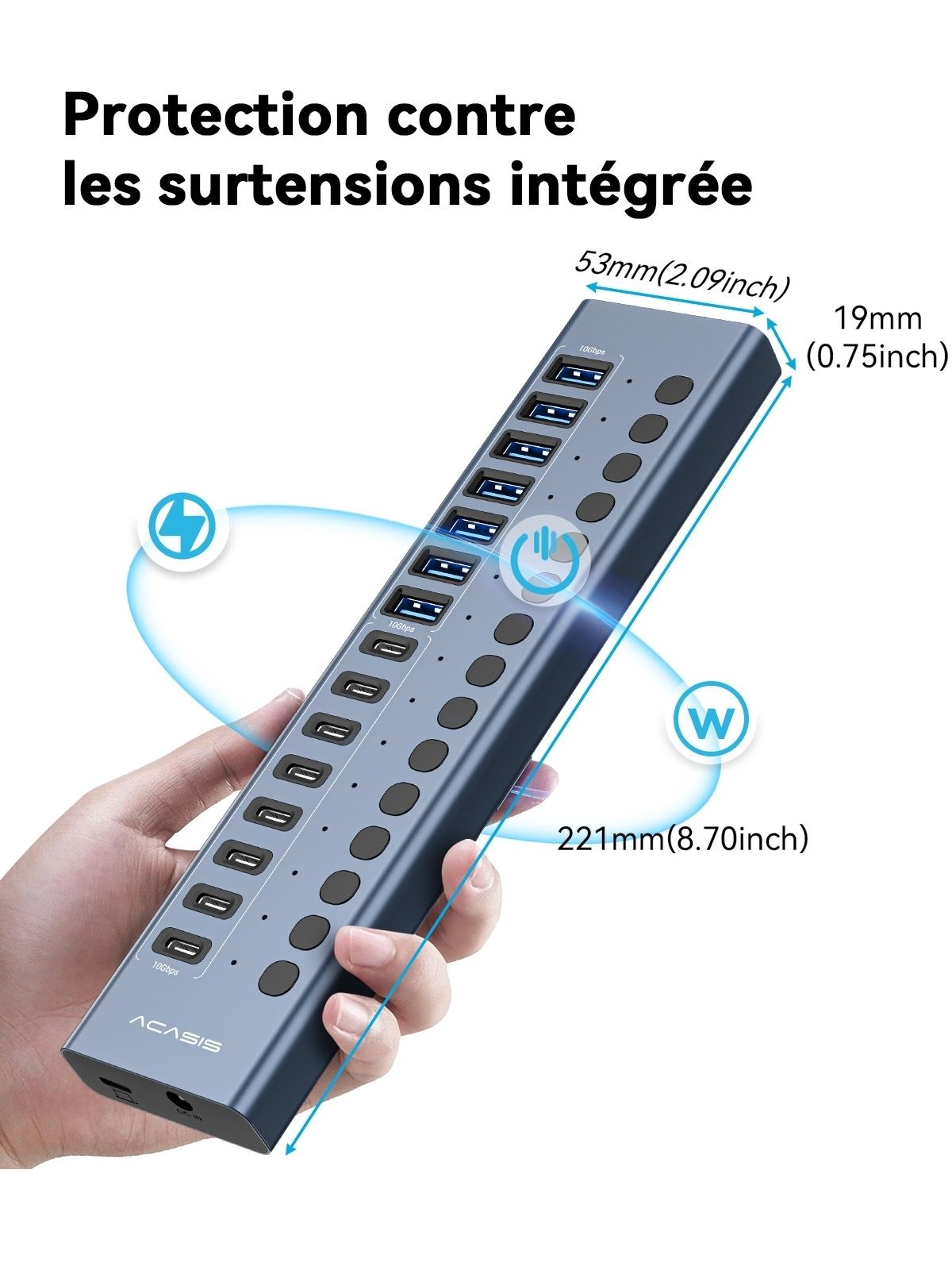 ACASIS HB16PRO 16-Port USB 3.2 10Gbps 12V/8A Powered 8 x USB-A + 8 x USB-C view 4