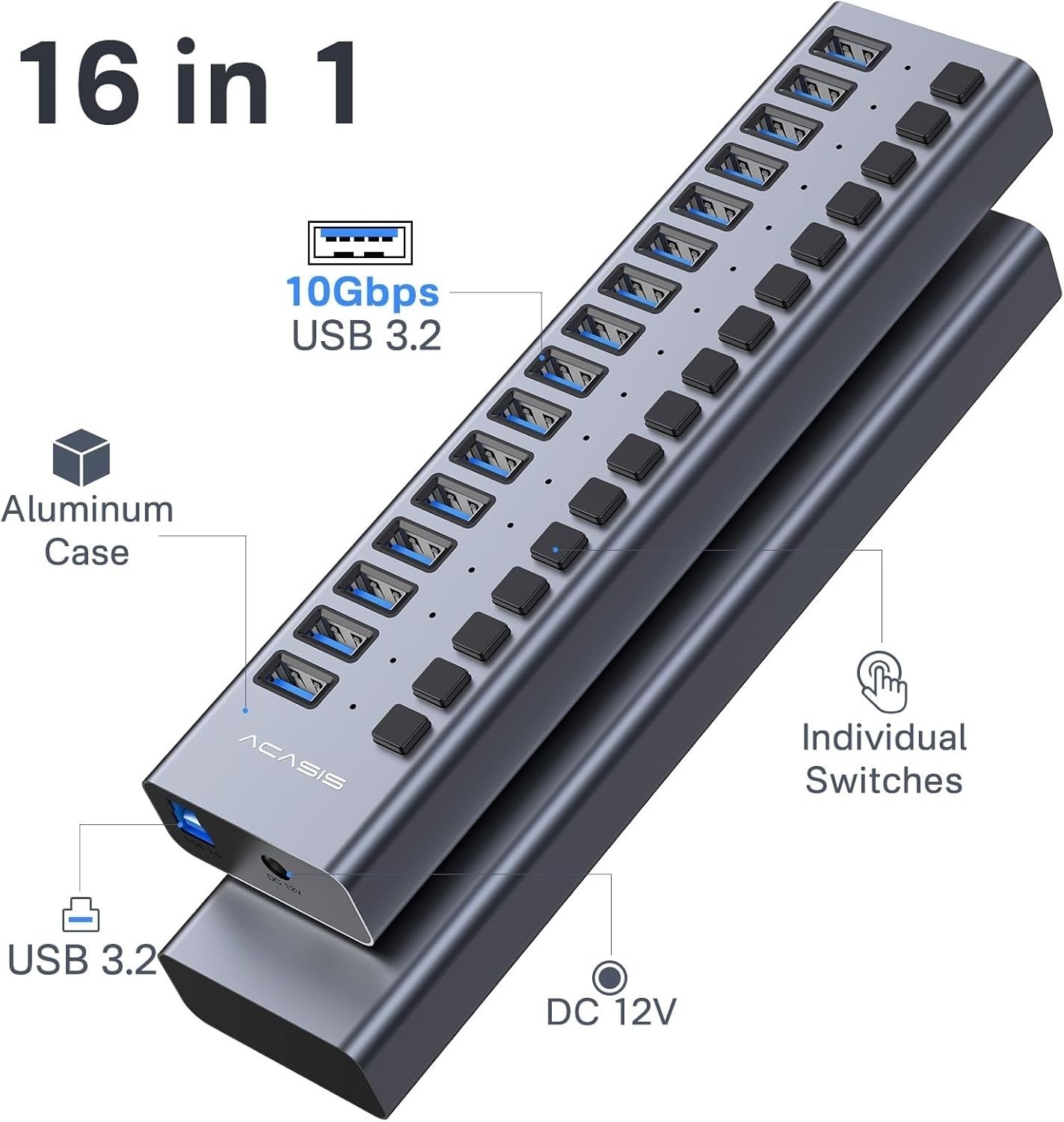 ACASIS HS-716MG USB 3.2 Gen2 10Gbps 12V/8A 16 Port USB-A + On/Off Switch with