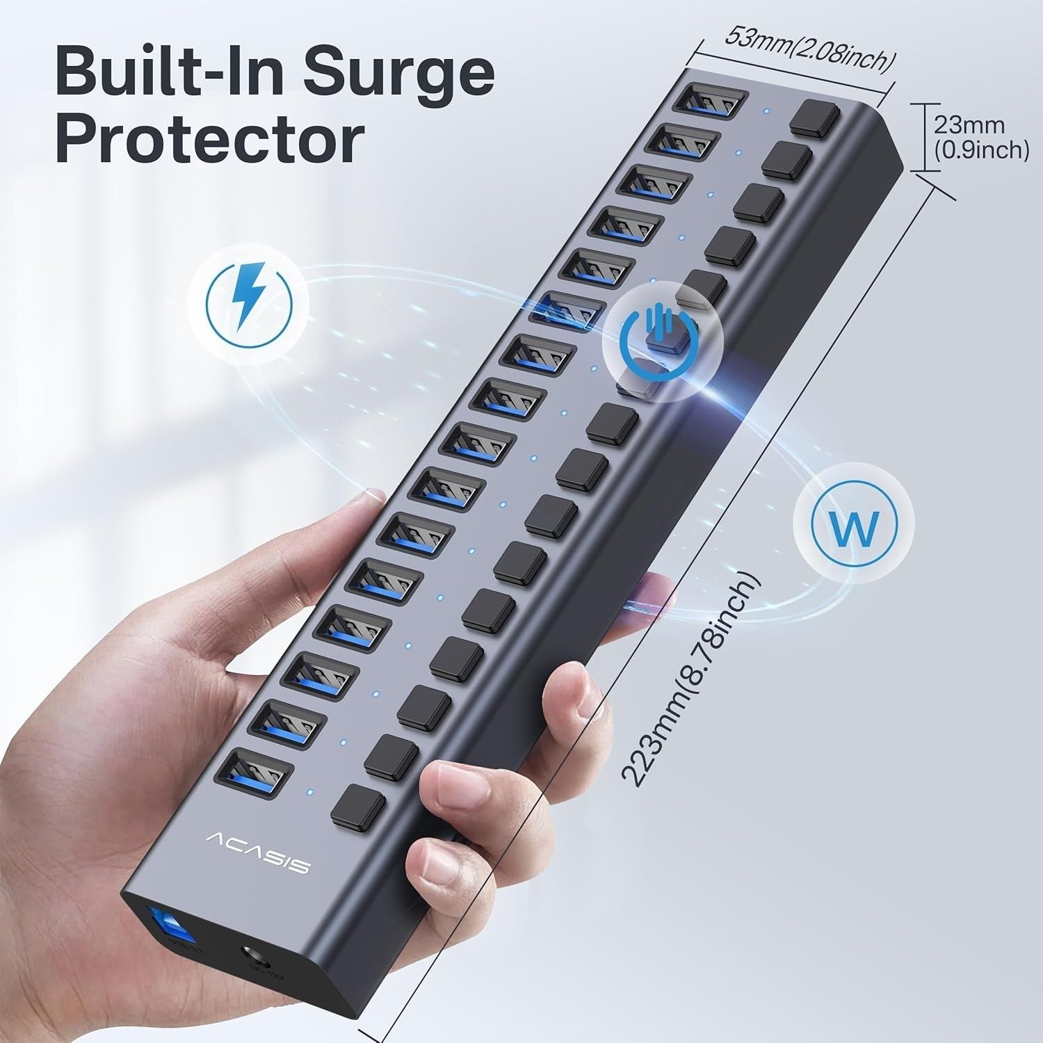 ACASIS HS-716MG USB 3.2 Gen2 10Gbps 12V/8A 16 Port USB-A + On/Off Switch with view 3