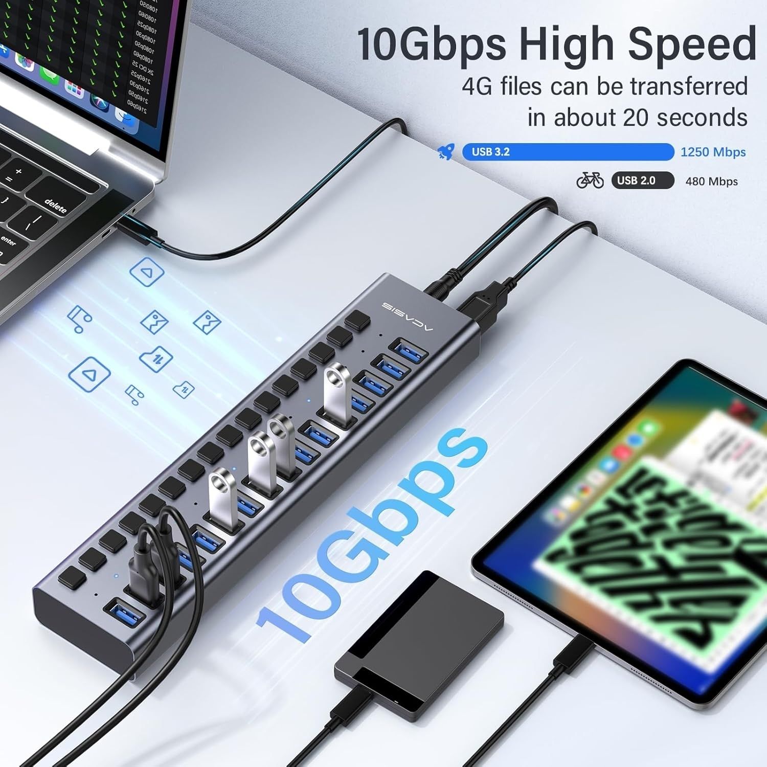 ACASIS HS-716MG USB 3.2 Gen2 10Gbps 12V/8A 16 Port USB-A + On/Off Switch with view 4