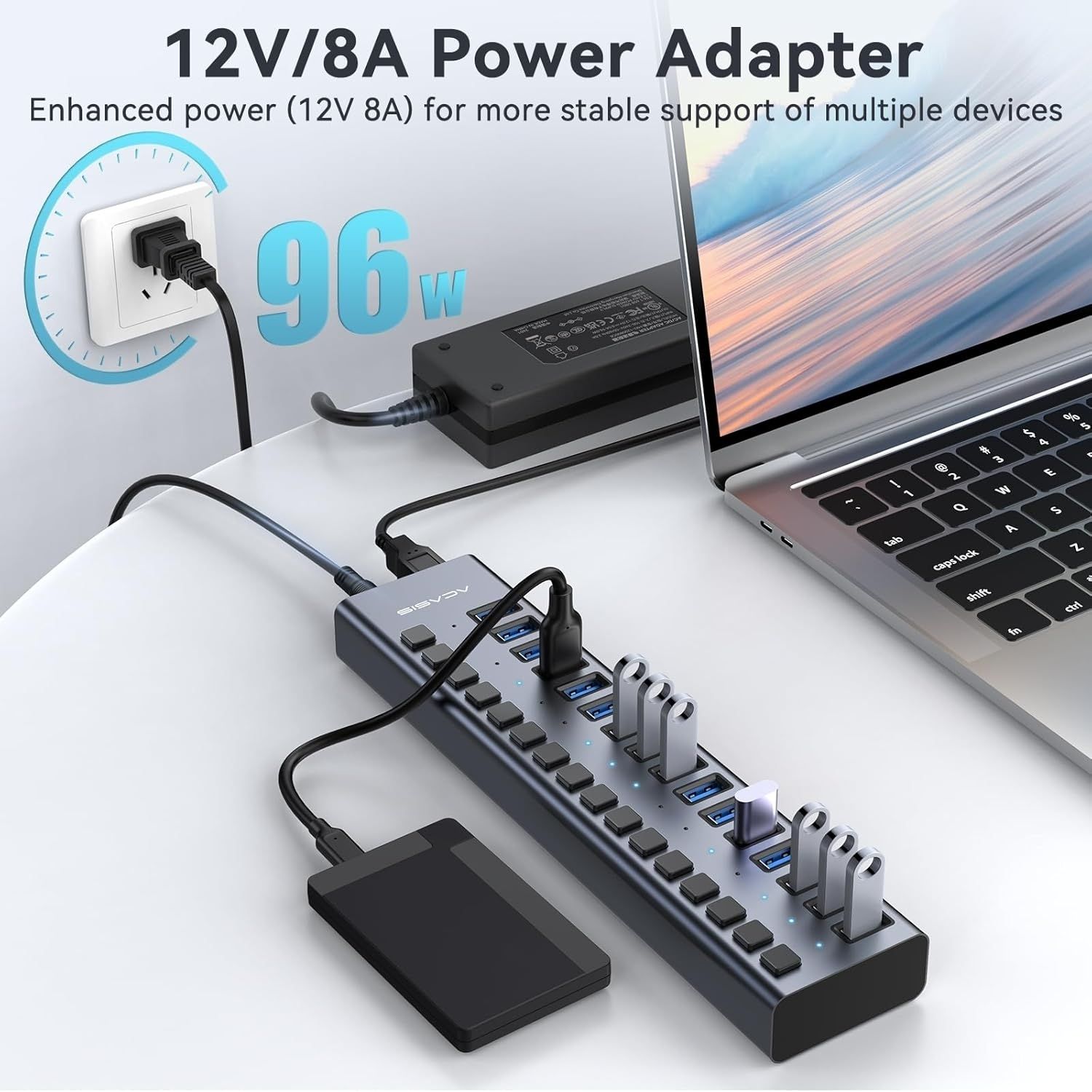 ACASIS HS-716MG USB 3.2 Gen2 10Gbps 12V/8A 16 Port USB-A + On/Off Switch with view 6