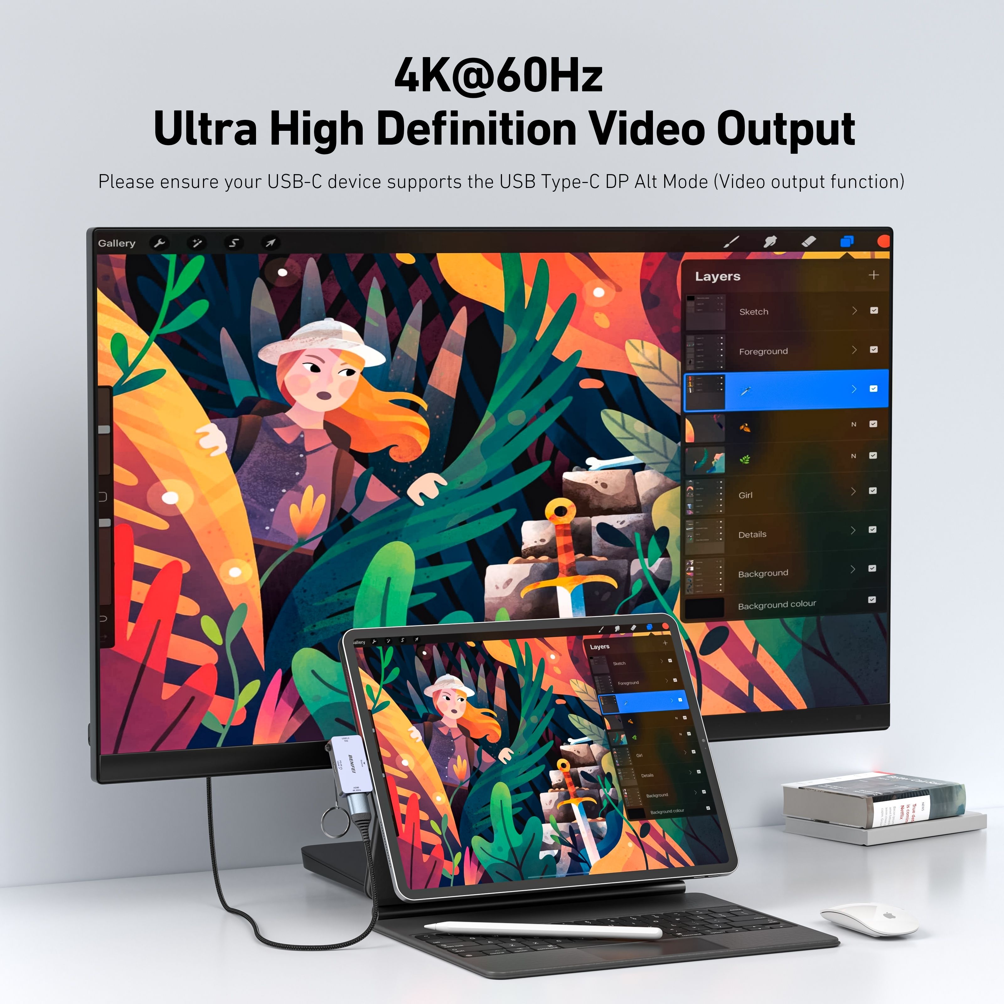 BENFEI 000391GY USB C to HDMI 4K@60Hz, 10Gbps USB-A, 100W Power Delivery view 3