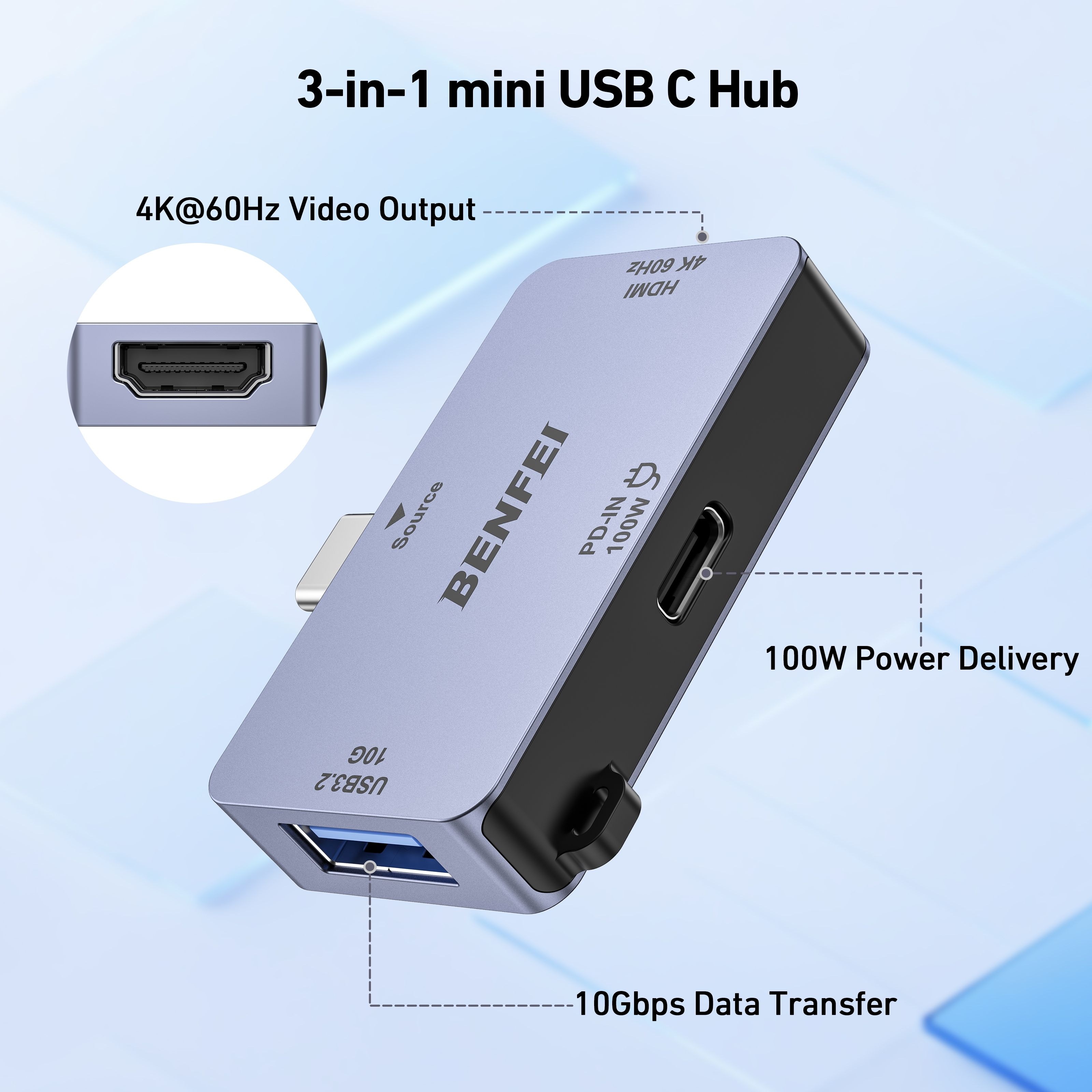 BENFEI 000391GY USB C to HDMI 4K@60Hz, 10Gbps USB-A, 100W Power Delivery view 4