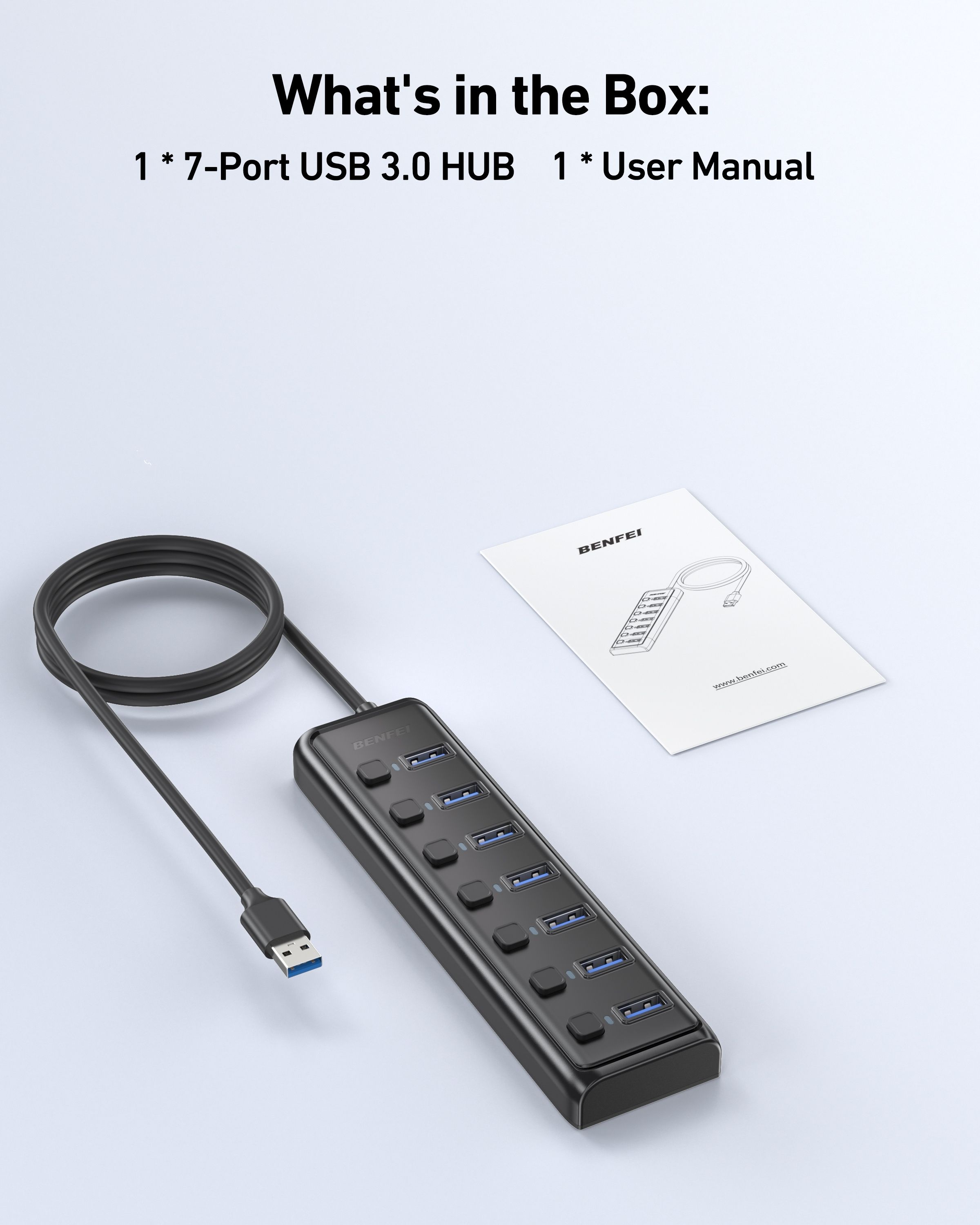 BENFEI 000425BK USB3.0 to 7 Port USB3.0 HUB (Black) view 8