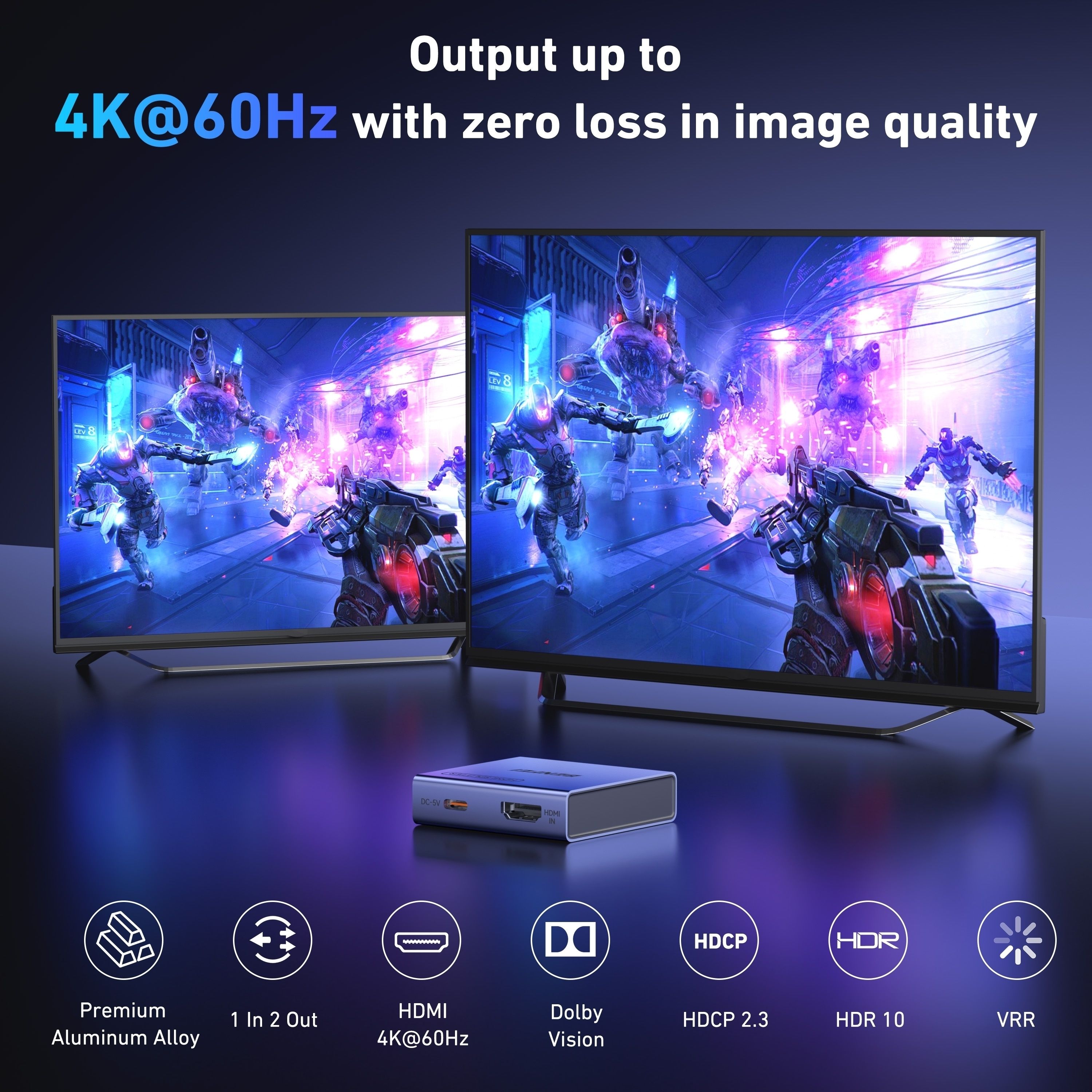 BENFEI 000447GY HDMI Splitter 1-In 2-Out 4K@60Hz view 4