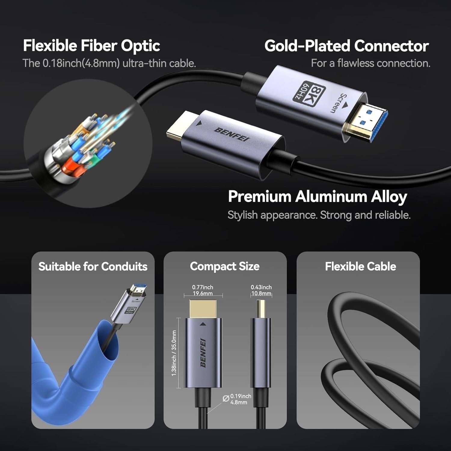 BENFEI 000450GY-100F 8K HDMI 2.1 Fiber Optic Cable 100ft 48Gbps 4K240Hz CL3 view 3