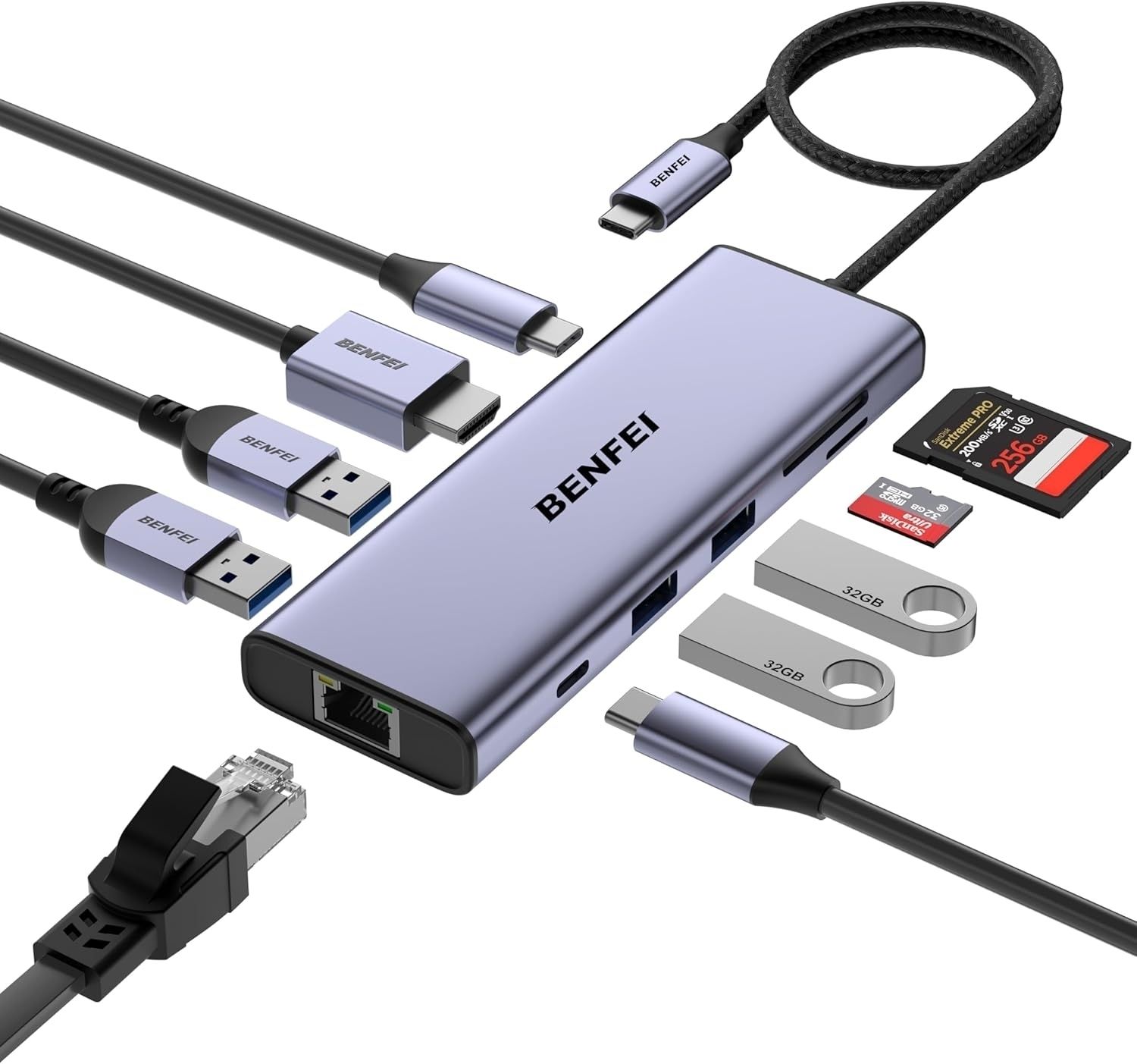 BENFEI 000495GY 10-in-1 USB C Hub 4K HDMI + RJ45 + 100W PD + USB-C + USB x 4