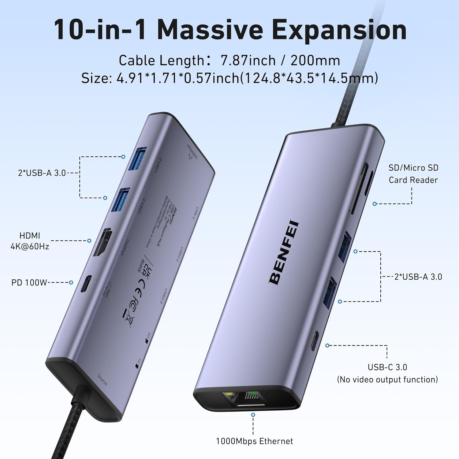 BENFEI 000495GY 10-in-1 USB C Hub 4K HDMI + RJ45 + 100W PD + USB-C + USB x 4 view 2