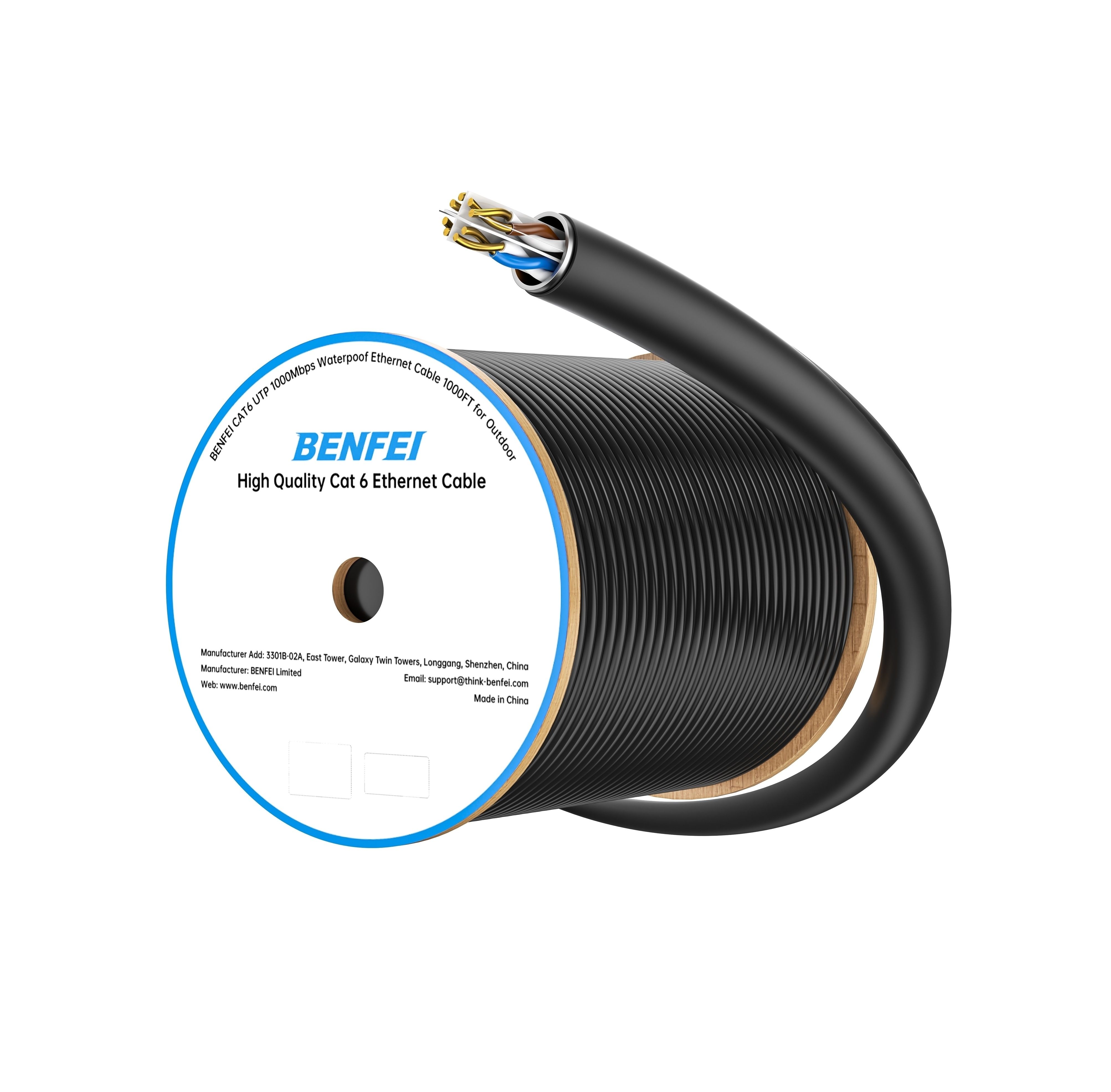 BENFEI 000704BK-305MS Pure Copper Cat 6 Cable 305M-Waterproof Black PE+PVC